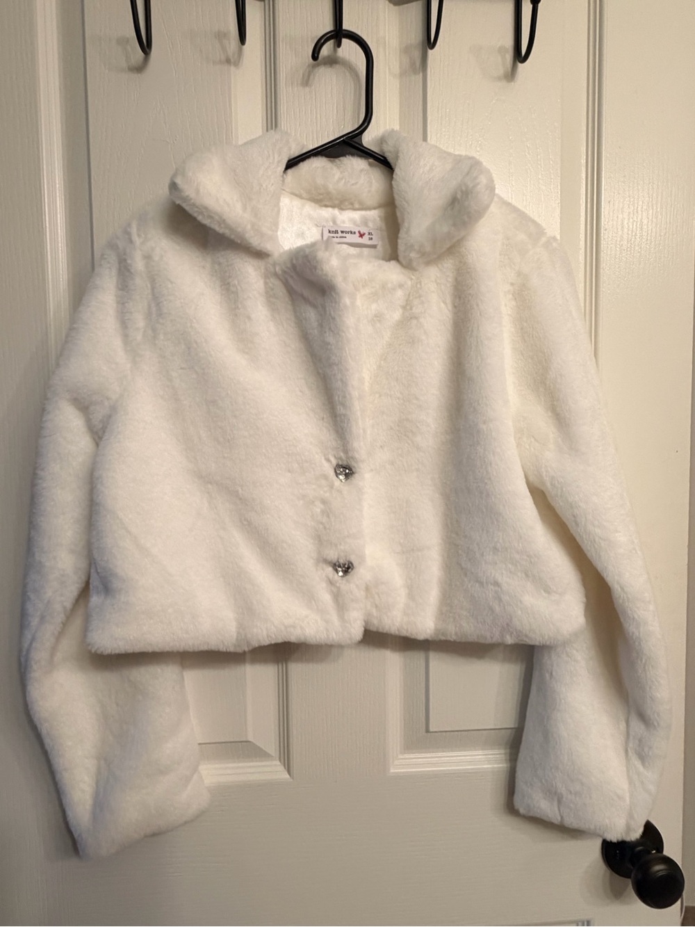 Knitworks Faux Fur Cropped Coat in White with Heart Buttons